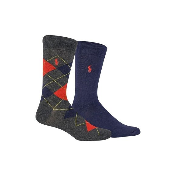 New Polo Ralph Lauren Cotton Blend Socks 2 Pairs Gray Argyle Blue Navy NWT - Picture 1 of 1